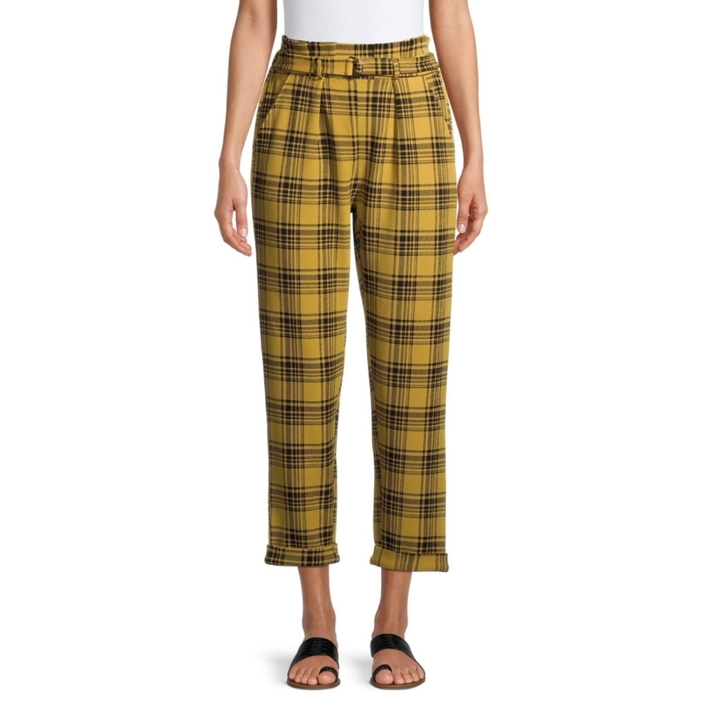 Yellow Tartan High Rise Pants with Ring Belt